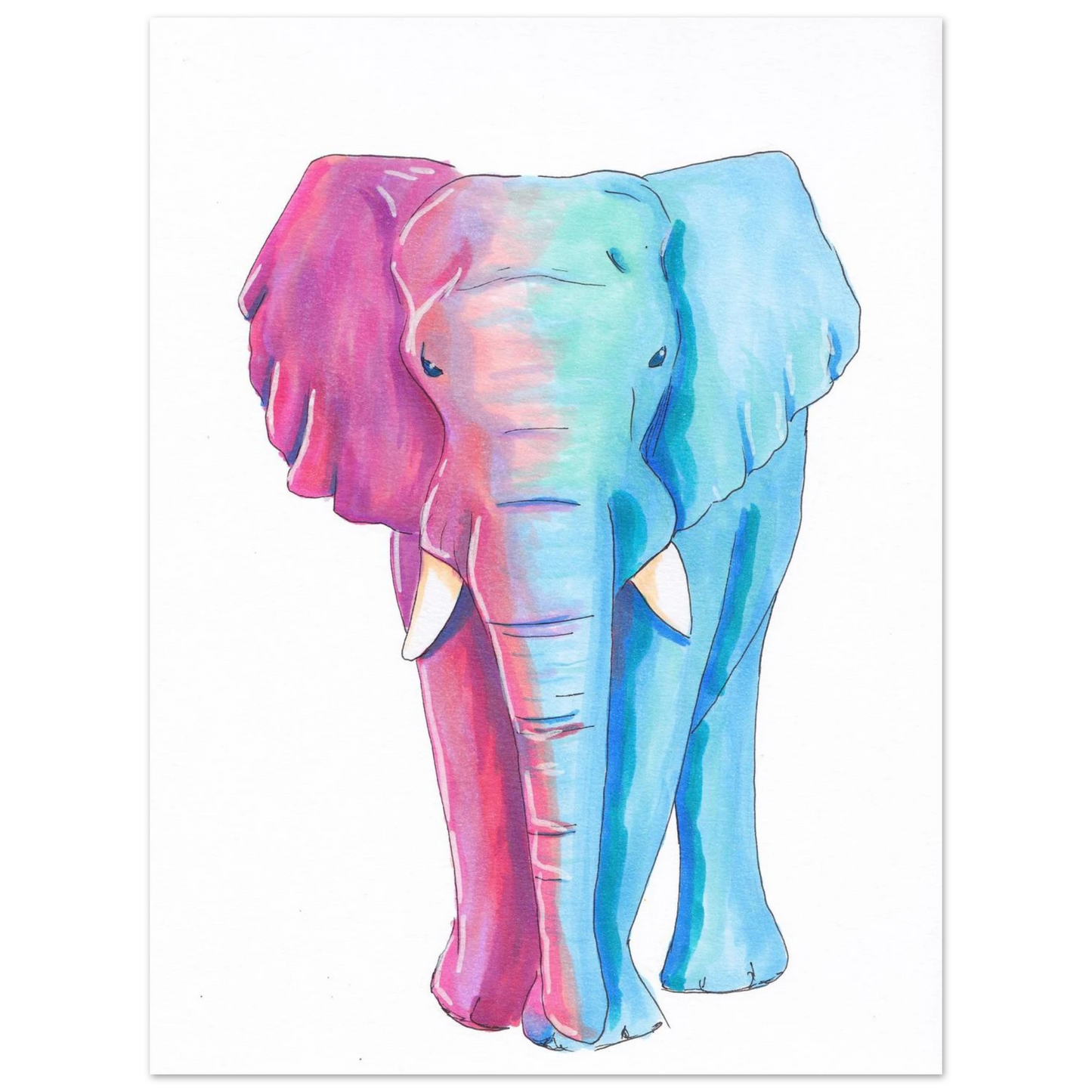 Pink elephant marker illustration vibrant wildlife wall art print