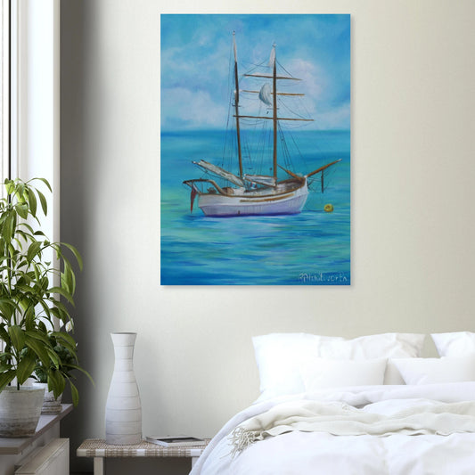Nautical wall art print featuring moored boats oil painting coastal decor